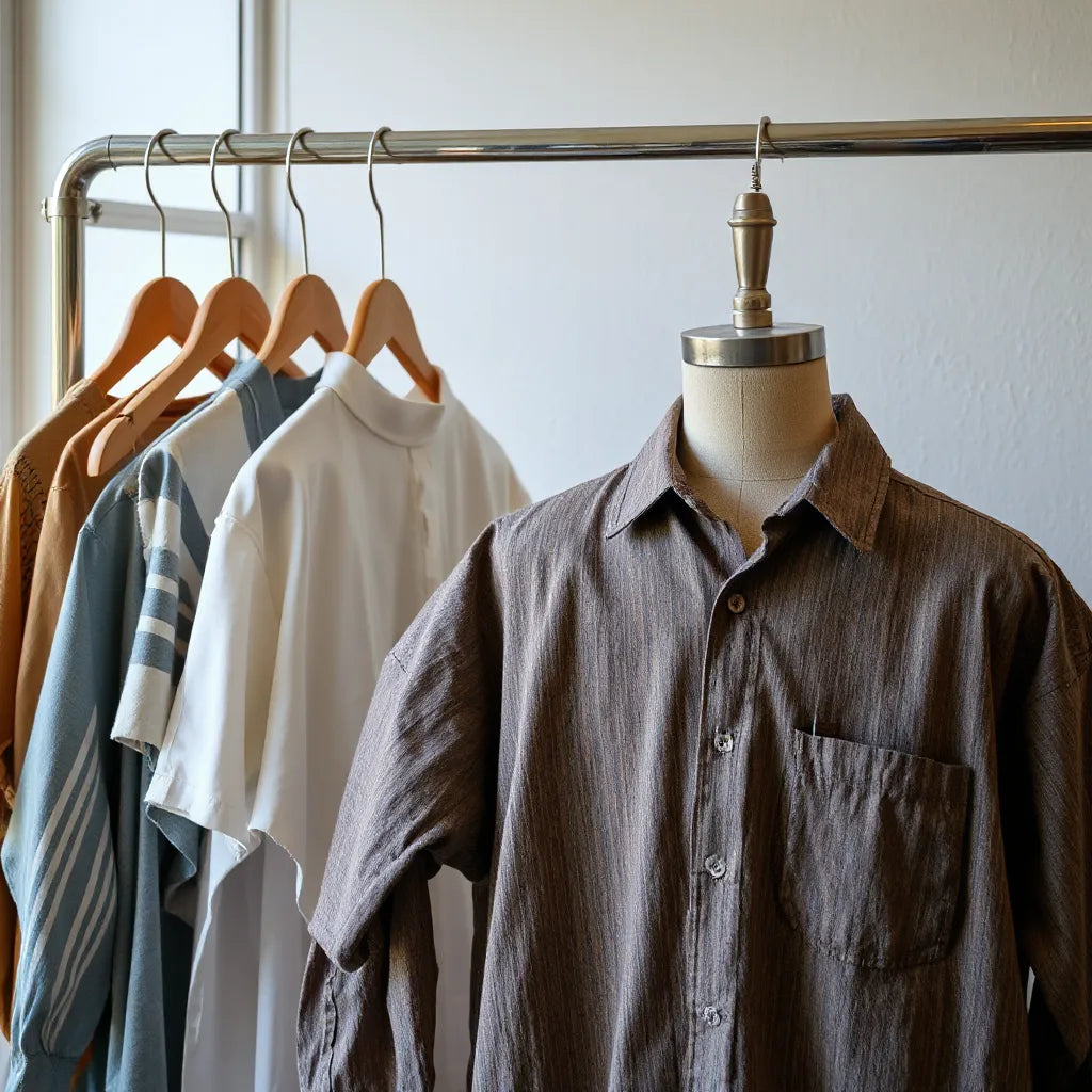 Neatly styled vintage streetwear shirts on hangers with one displayed on a mannequin torso