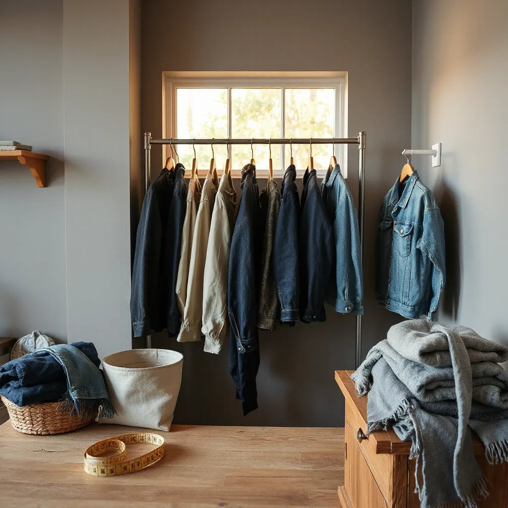 Vintage jackets on a clothing rack in a warmly lit thrift-style shop