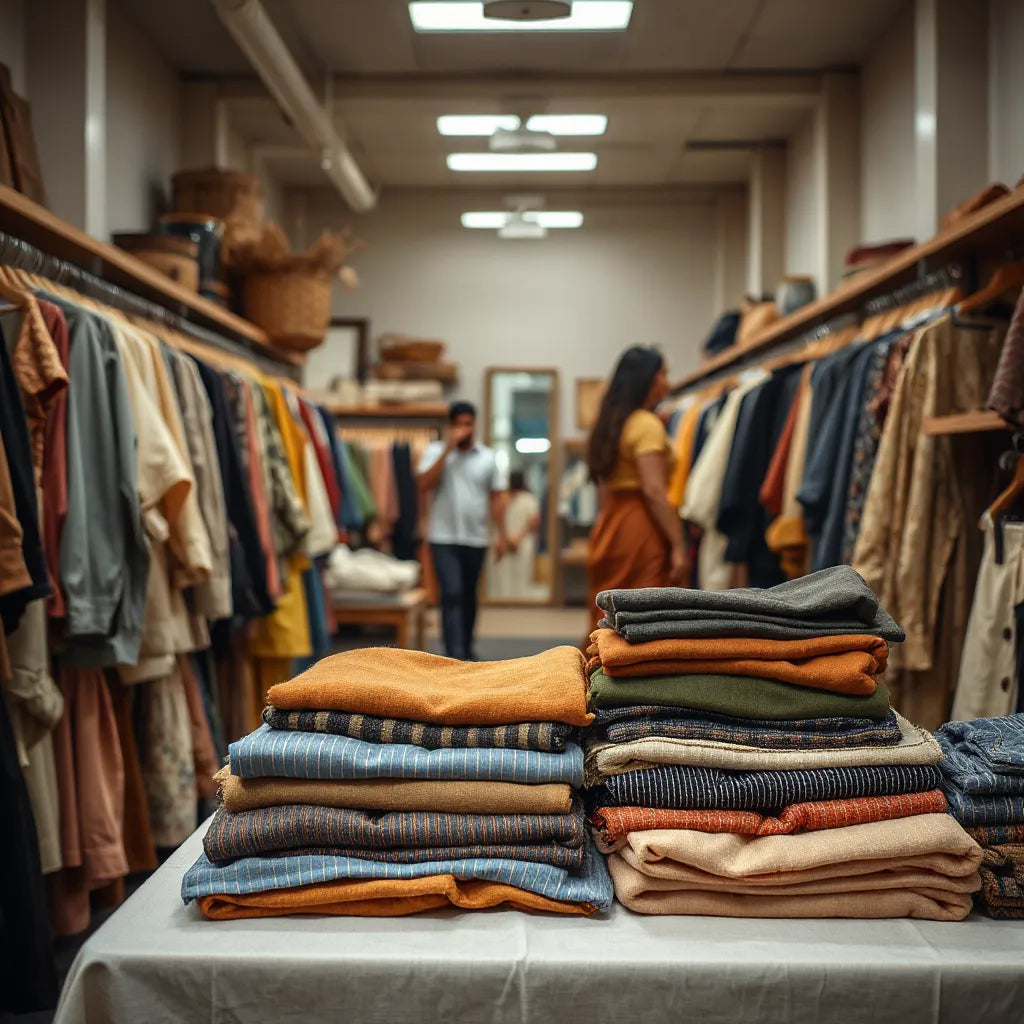 Shoppers browse neatly organized clothing racks in an Indian thrift store with warm lighting