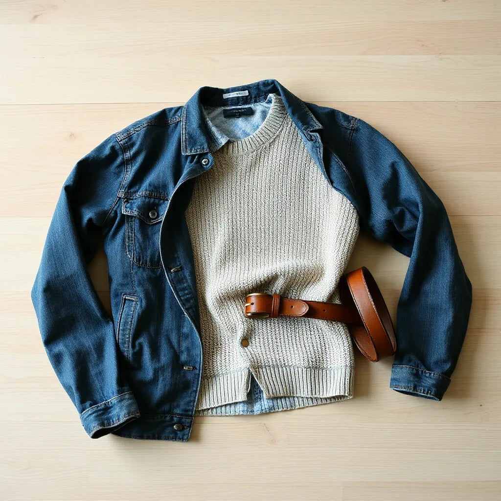 Vintage denim jacket, knit sweater, and patterned shirt arranged neatly on a light wood table under natural light