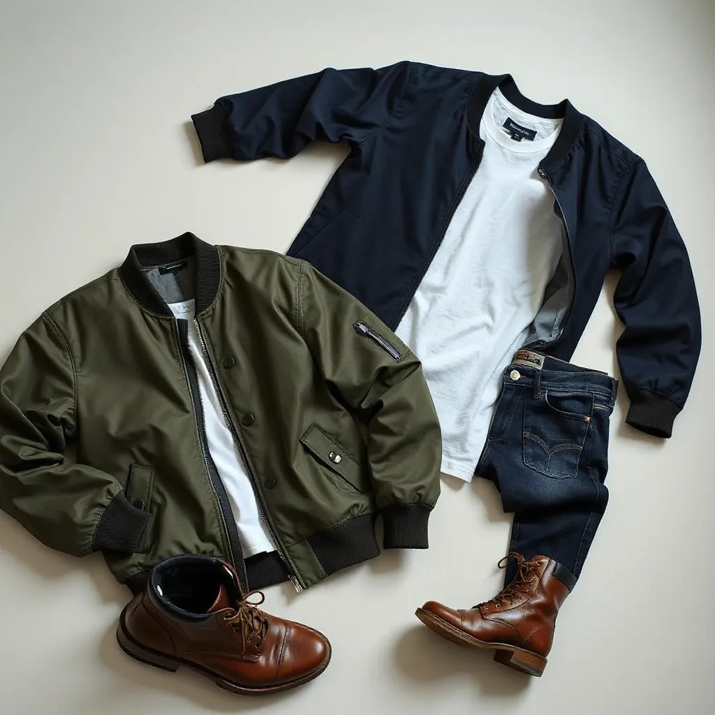 Two men’s bomber jackets in olive and navy styled with a T-shirt, jeans, and leather boots