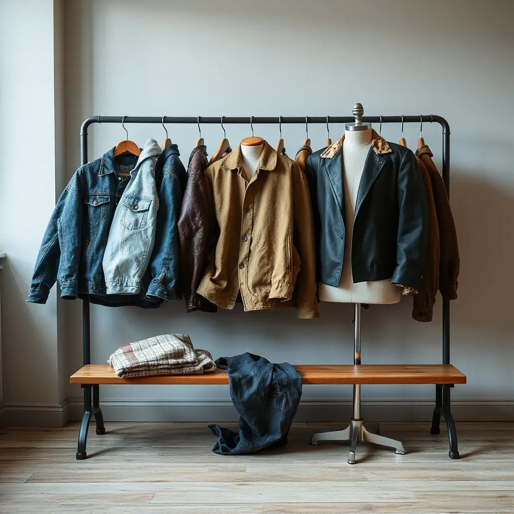 Curated rack of vintage jackets with a mannequin wearing a leather jacket and folded wool pieces on a bench