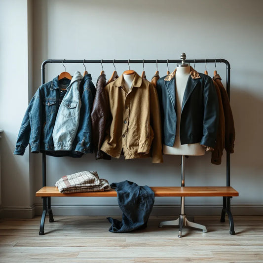 Curated rack of vintage jackets with a mannequin wearing a leather jacket and folded wool pieces on a bench