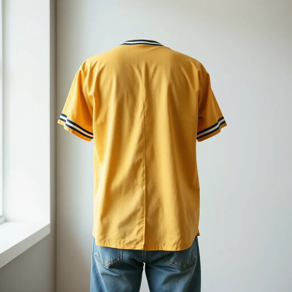 Person styling a vintage-inspired baseball jersey with jeans and sneakers in soft natural light