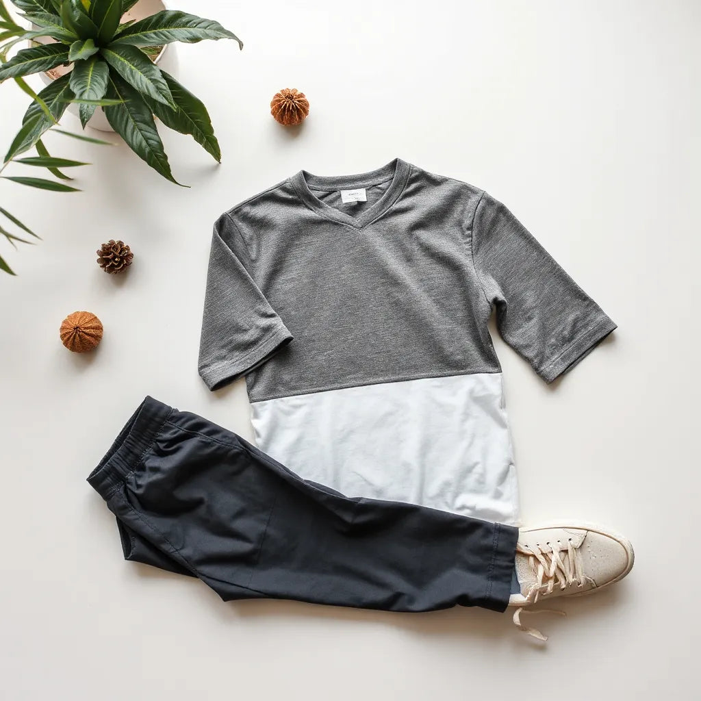 Half sleeve jersey styled with neutral joggers and sneakers on a clean surface