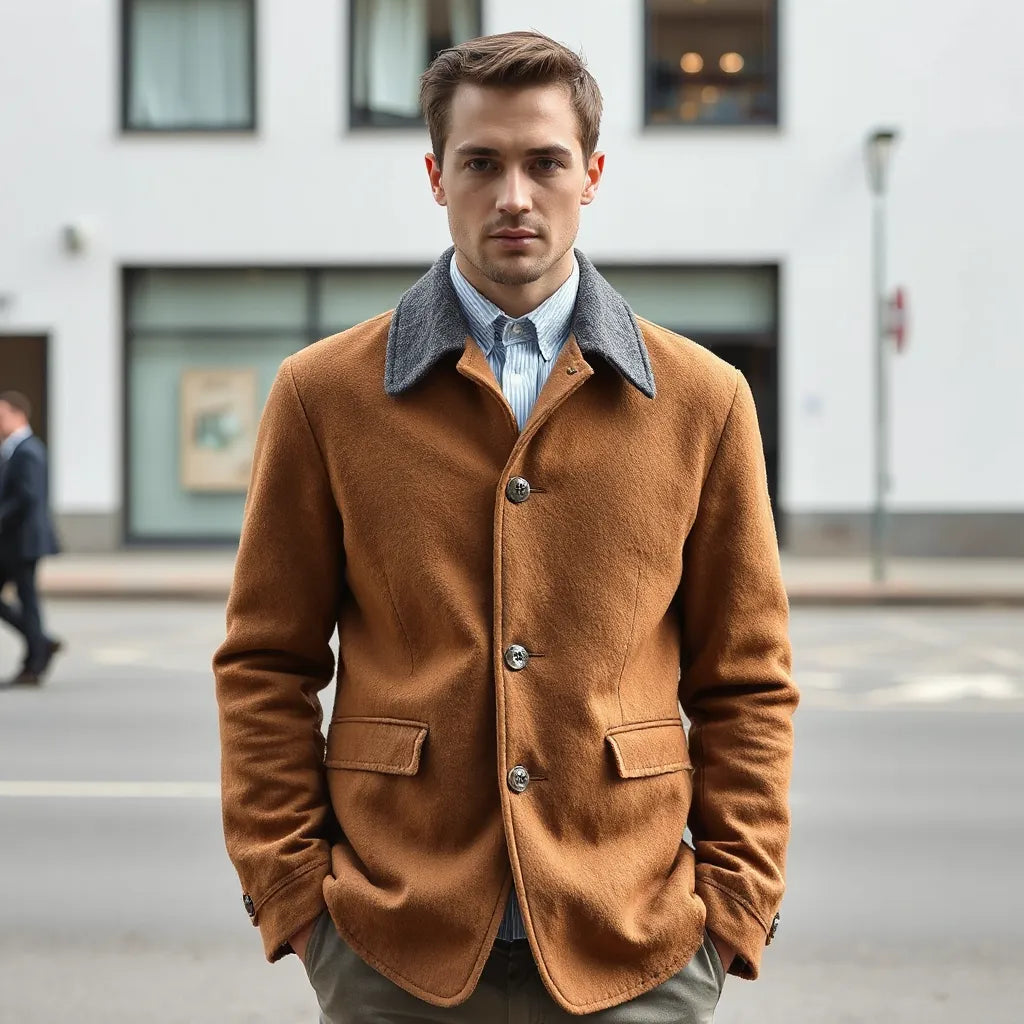 Person wearing a classic neutral wool jacket with visible collar and textured fabric in natural daylight