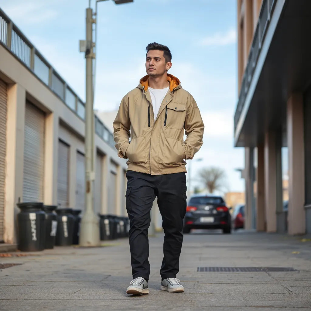 Man wearing a lightweight windbreaker outdoors with a casual outfit and visible zipper and pockets
