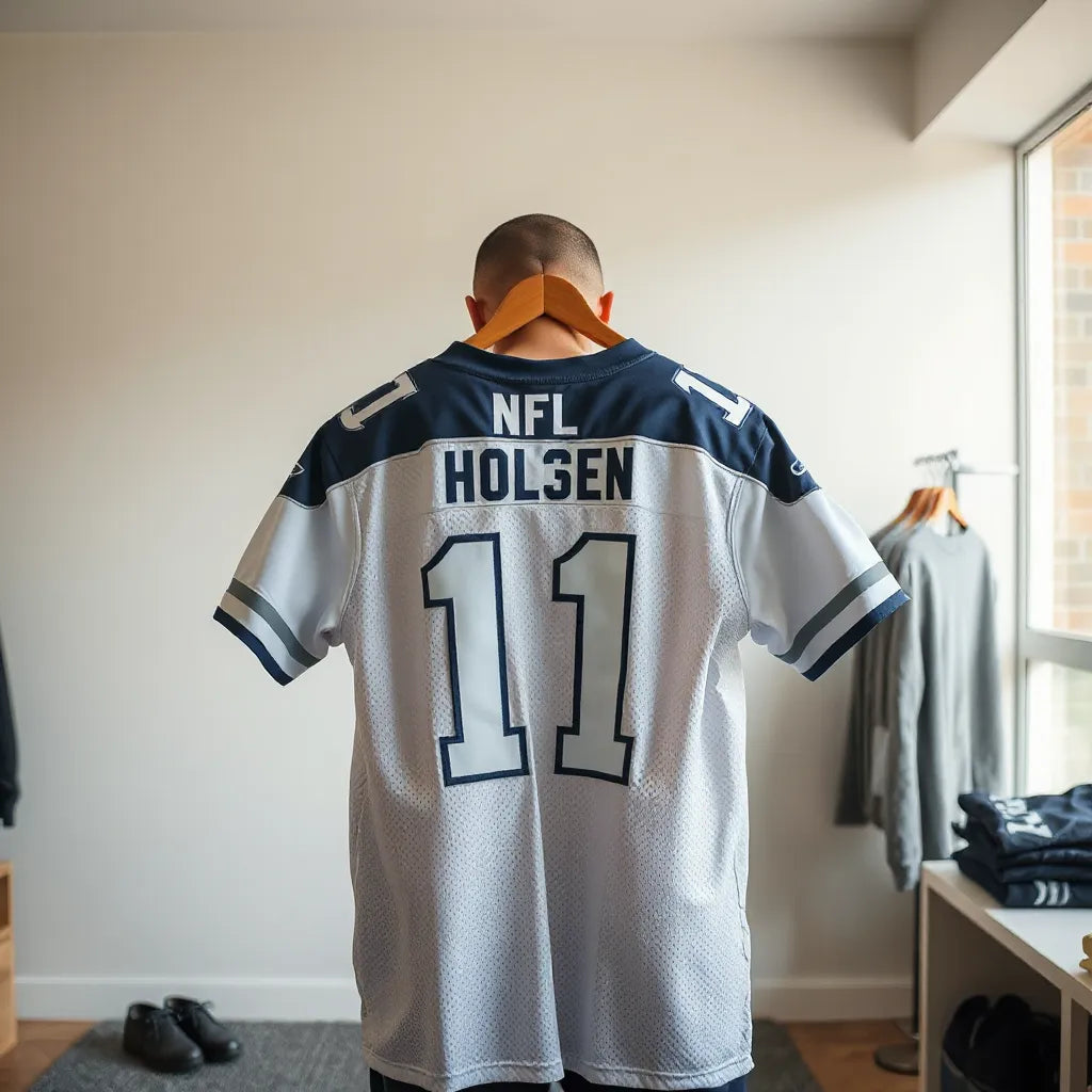 Person holding an NFL jersey with visible fabric texture in a bright, uncluttered room