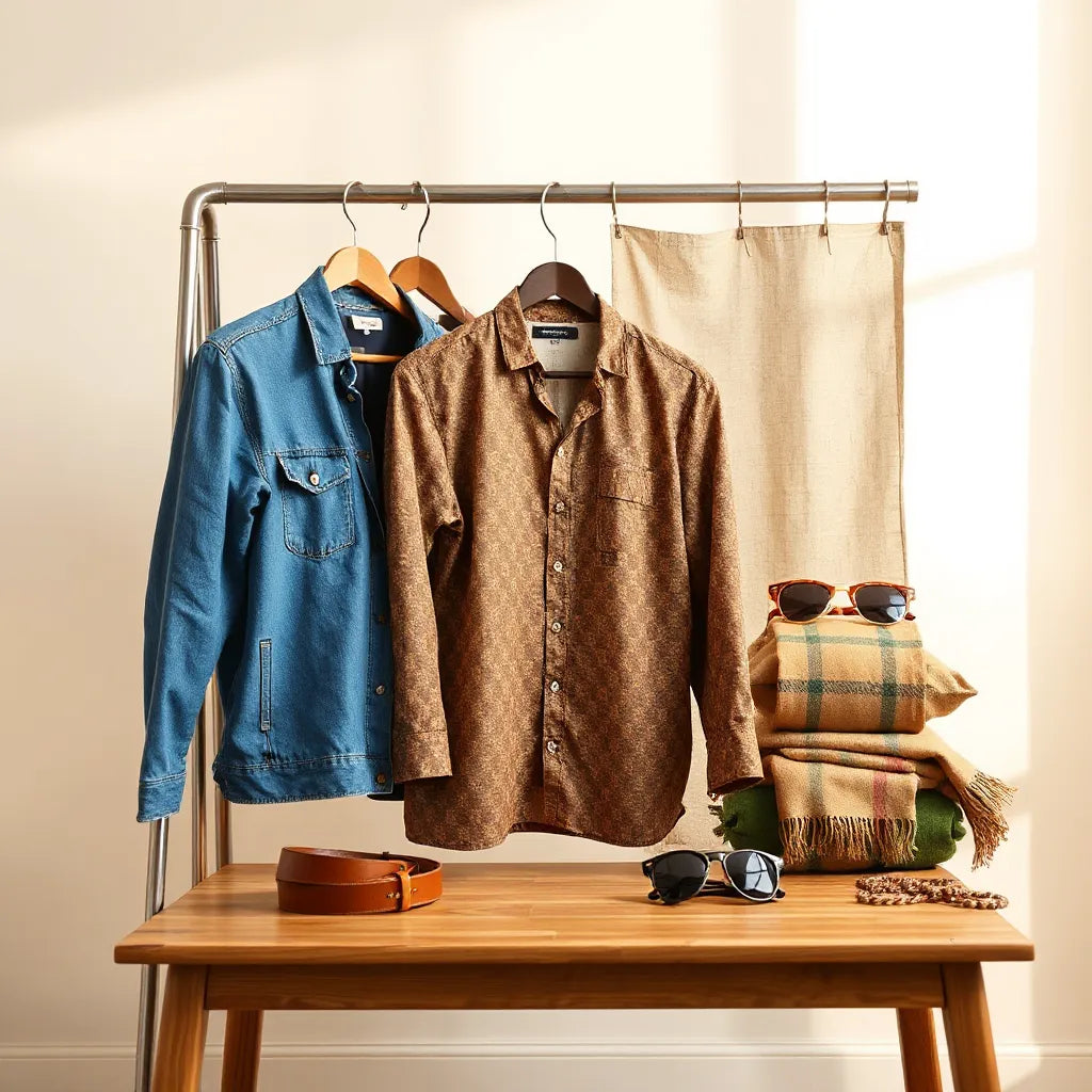 Vintage garments on a clothing rack with accessories on a table in warm daylight