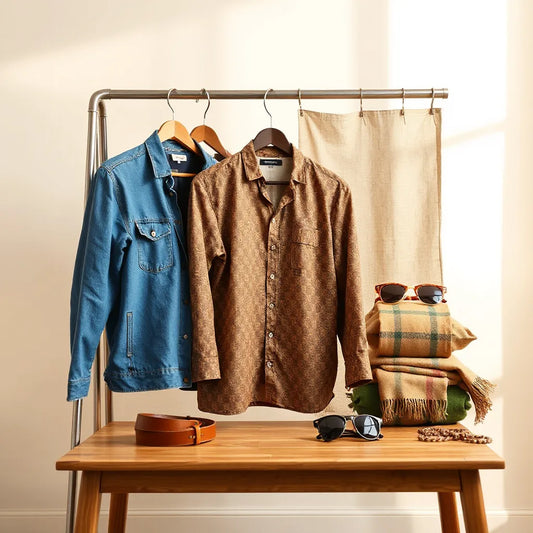 Vintage garments on a clothing rack with accessories on a table in warm daylight
