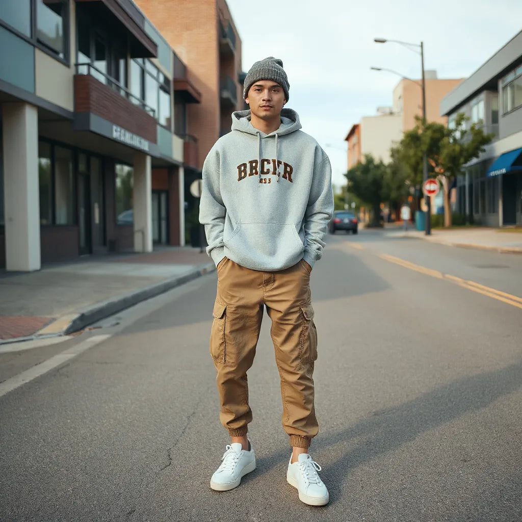 Model in oversized streetwear with a loose hoodie and baggy cargo pants styled with clean sneakers