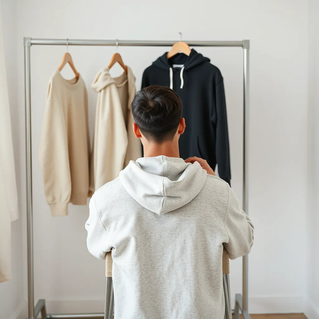 Man adjusting a neutral hoodie in a bright, minimal fitting room with other hoodies nearby
