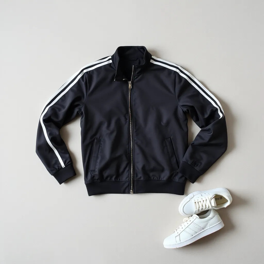 Men’s track jacket with sporty stripes, laid out with folded pants and white sneakers on a neutral background