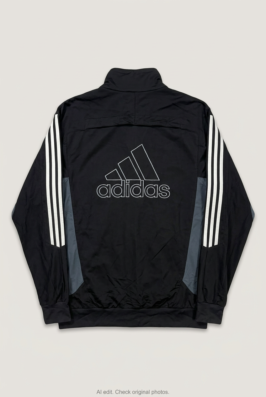 Back product view of black Adidas track jacket, flat lay