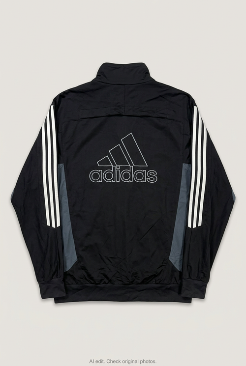 Back product view of black Adidas track jacket, flat lay