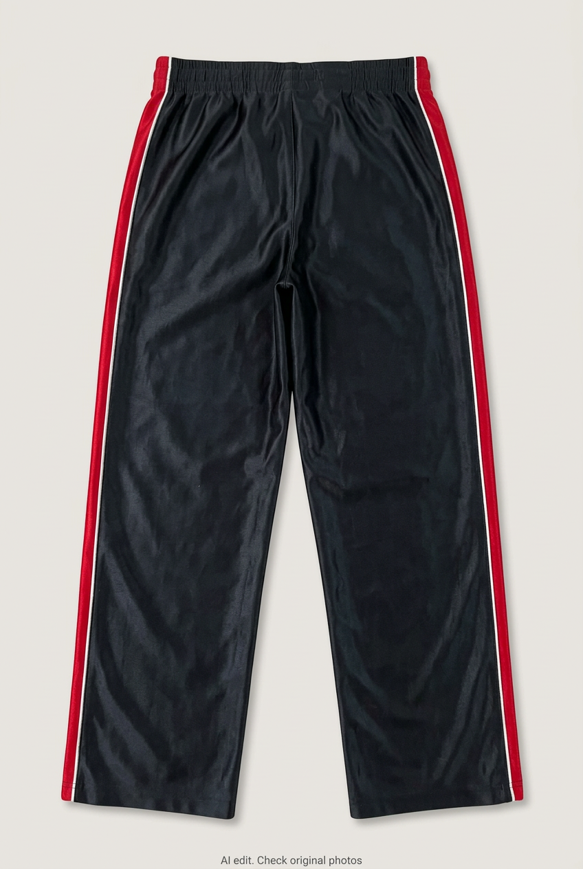 Back product view of black and red C9 track pants, flat lay