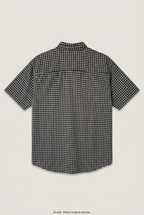 Back product view of black and white gingham short-sleeve shirt, flat lay