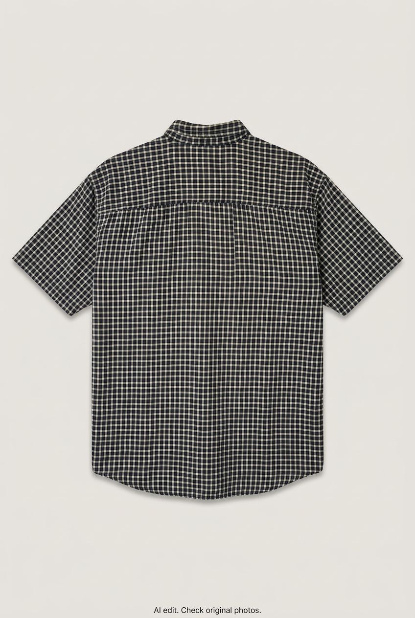 Back product view of black and white gingham short-sleeve shirt, flat lay