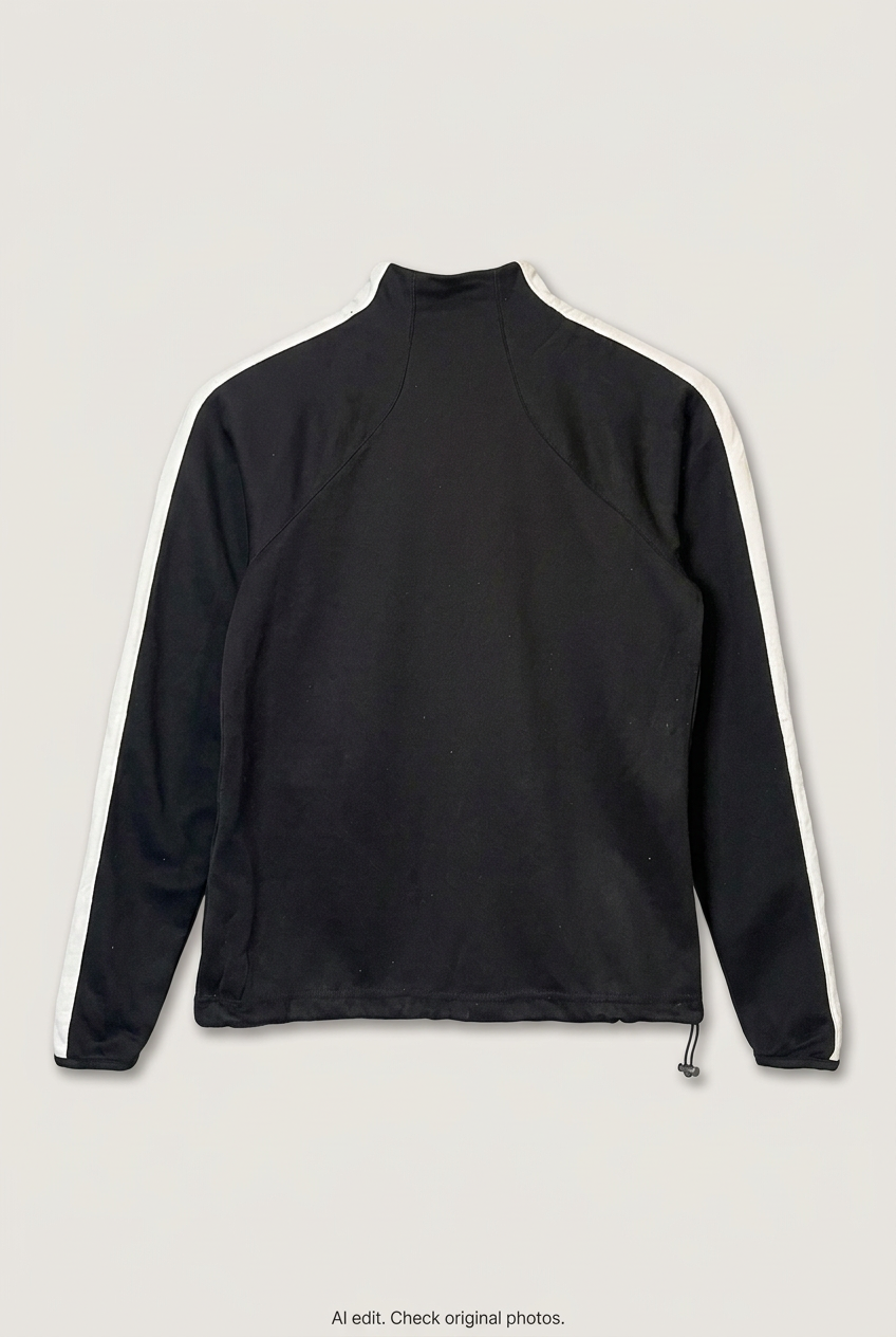 Back product view of black BBSC quarter-zip pullover, flat lay