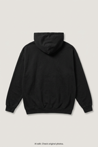 Back product view of black hoodie, flat lay