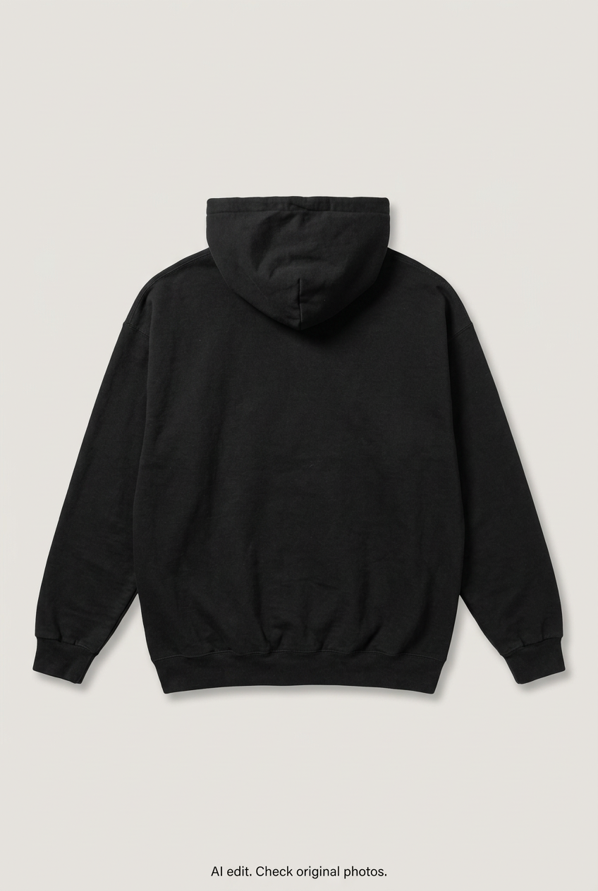 Back product view of black hoodie, flat lay