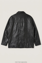 Back product view of black leather jacket, flat lay