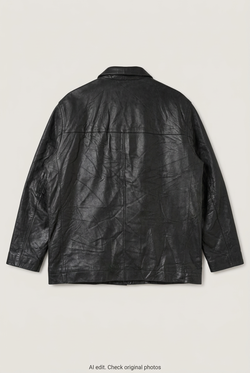 Back product view of black leather jacket, flat lay