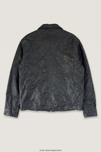 Back product view of black zip-up leather jacket, flat lay