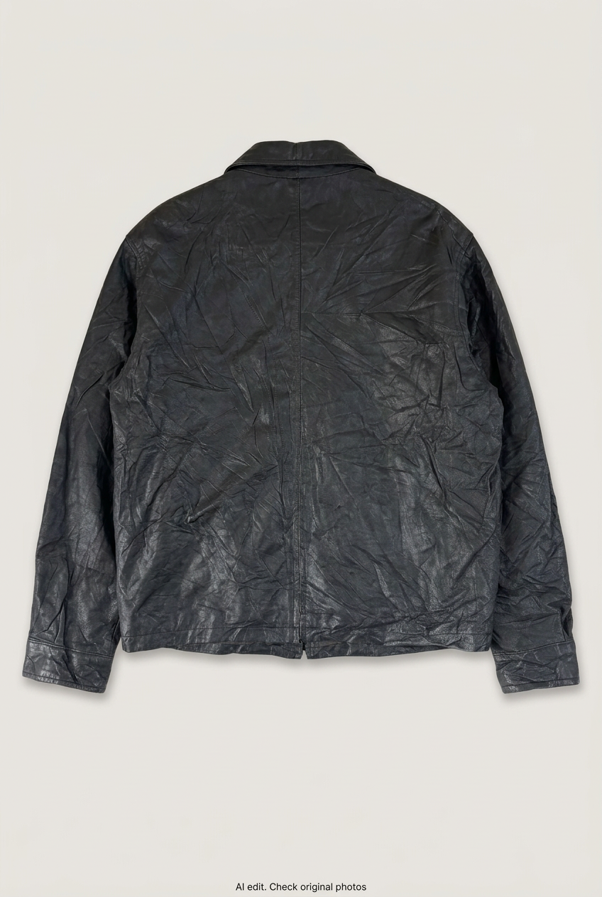 Back product view of black zip-up leather jacket, flat lay