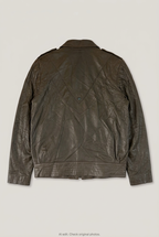 Back product view of brown leather jacket, flat lay