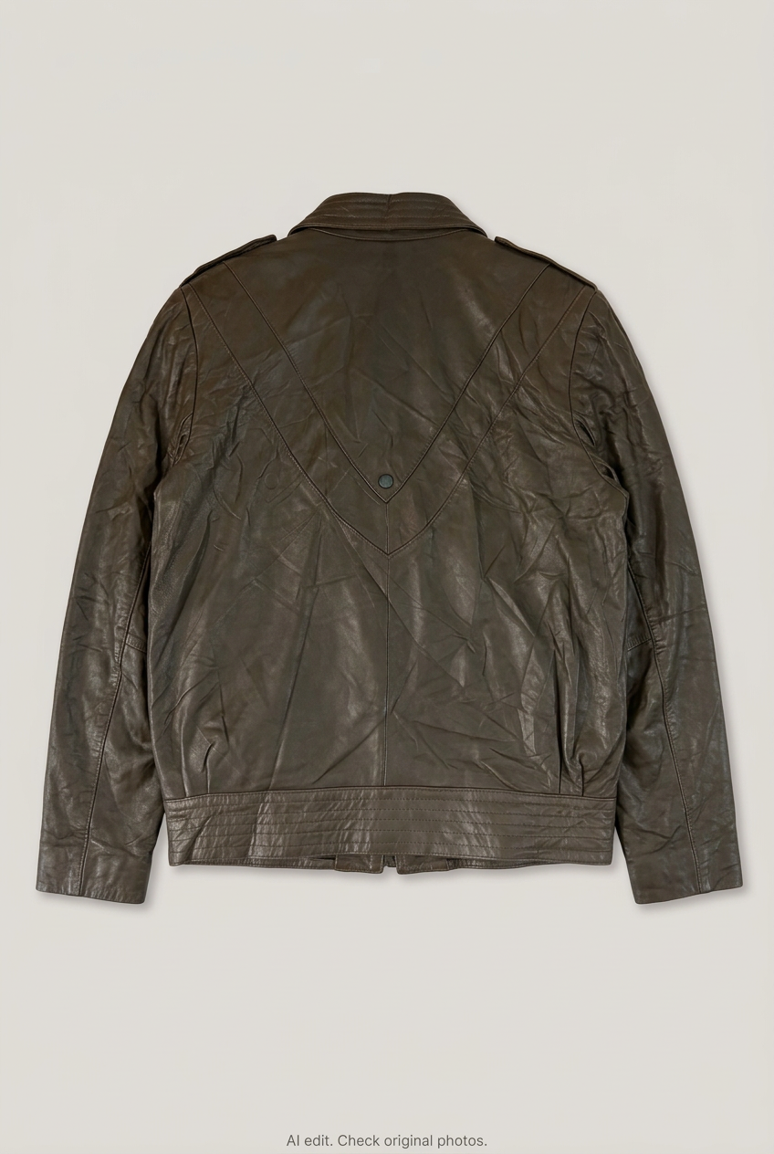 Back product view of brown leather jacket, flat lay
