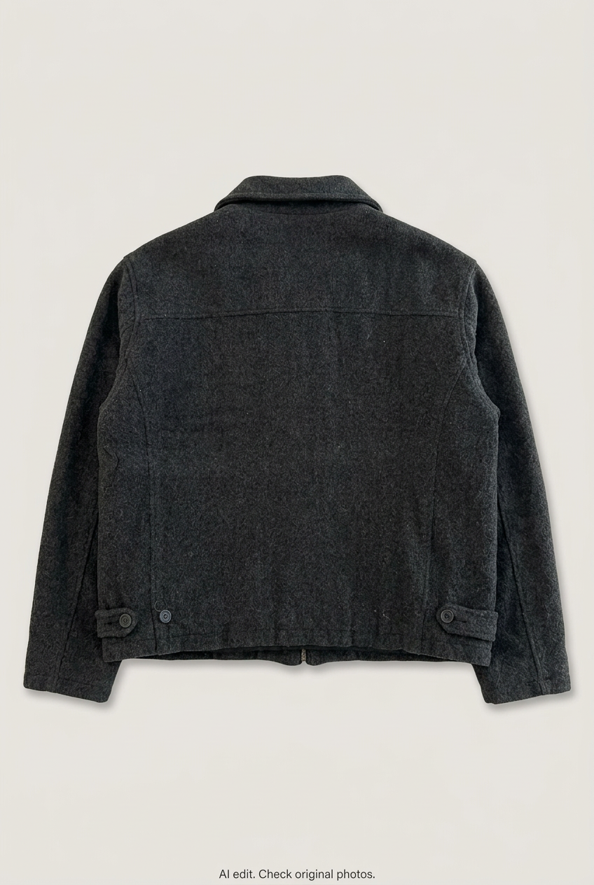 Back product view of charcoal wool jacket, flat lay