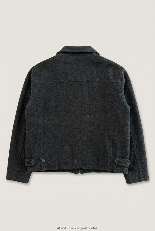 Back product view of charcoal wool jacket, flat lay