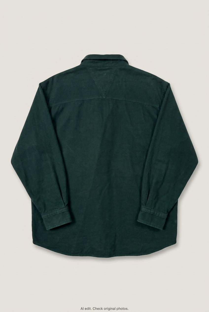 Back product view of dark green overshirt, flat lay