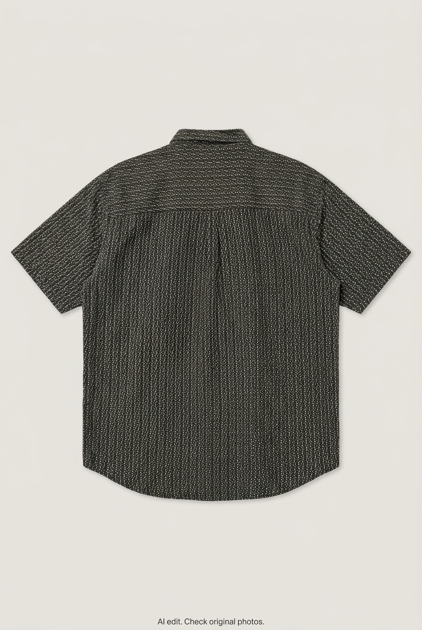 Back product view of dark printed short-sleeve shirt, flat lay
