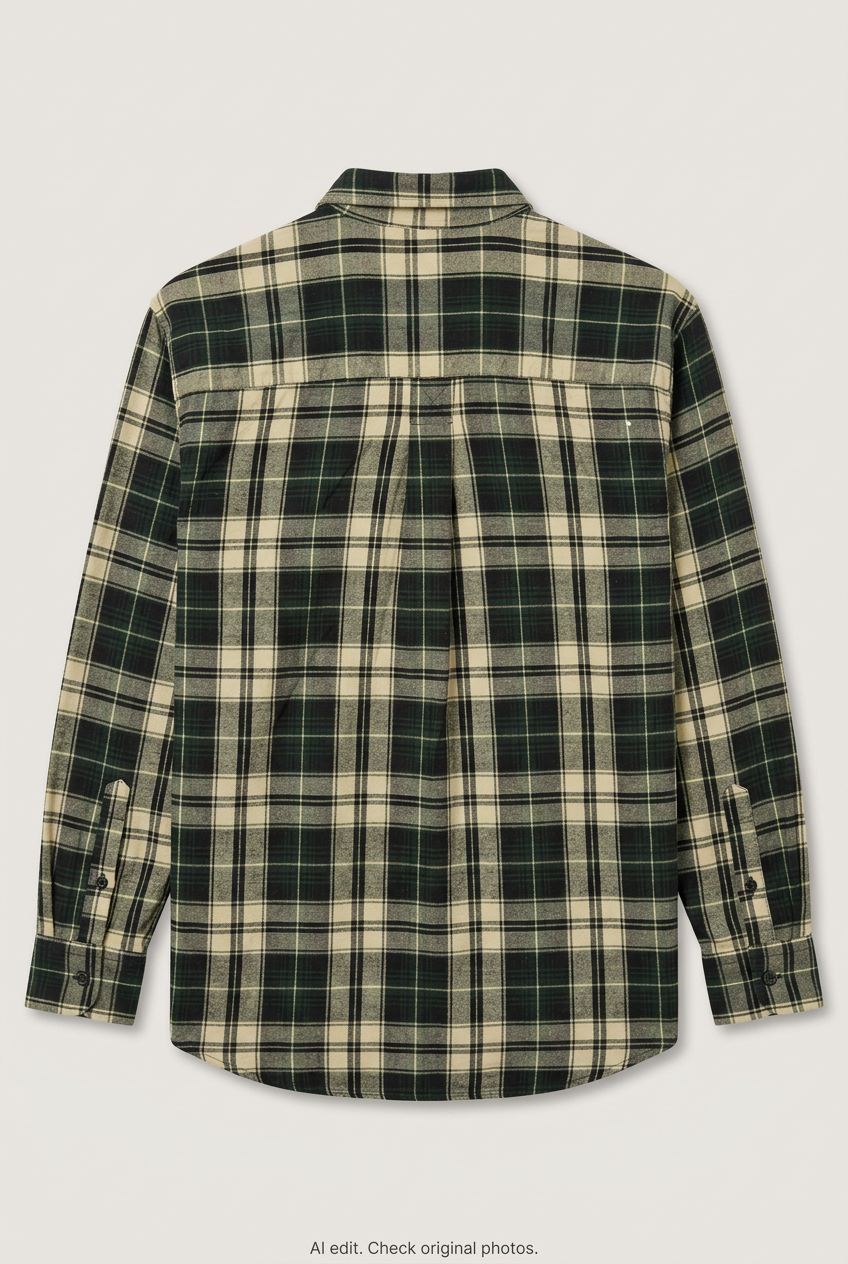Back product view of green and cream St Michael plaid shirt, flat lay