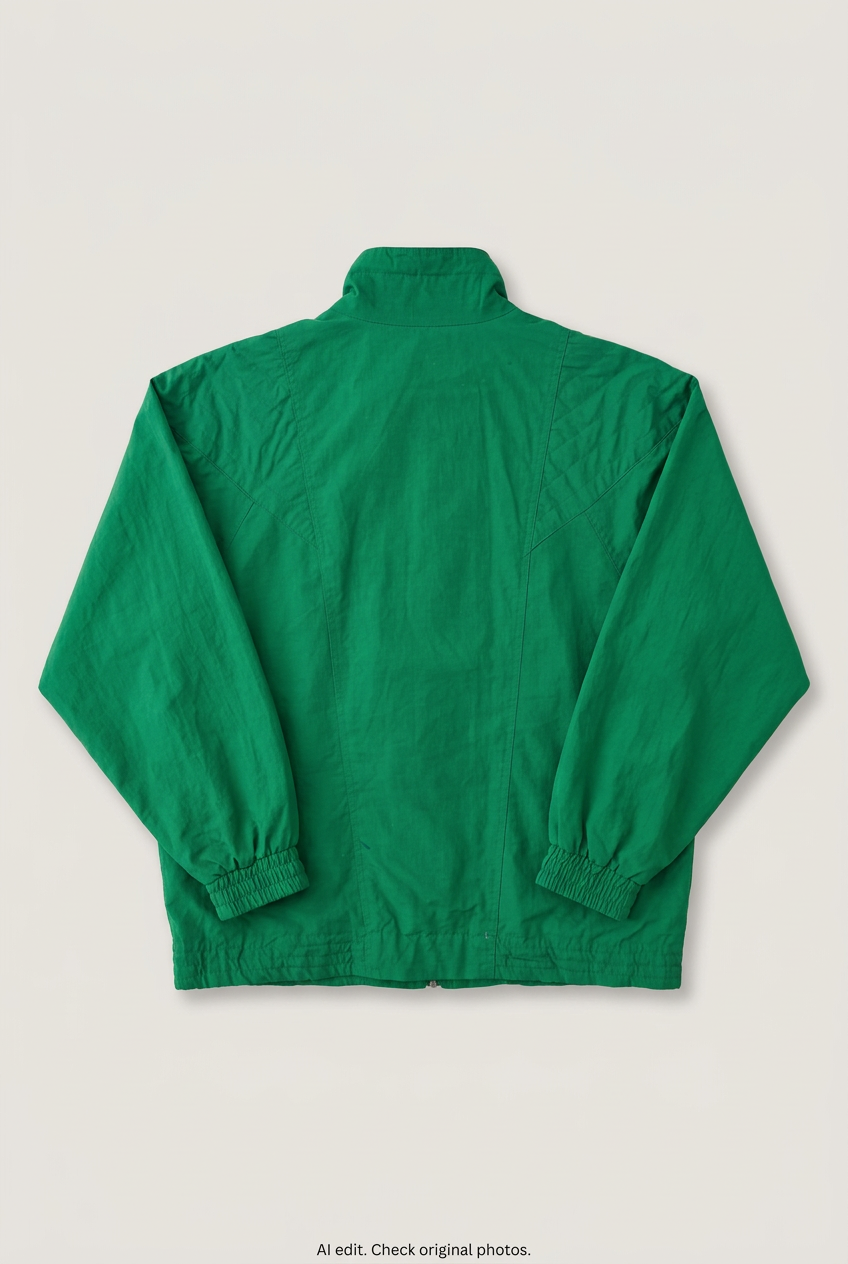 Back product view of green windbreaker jacket, flat lay