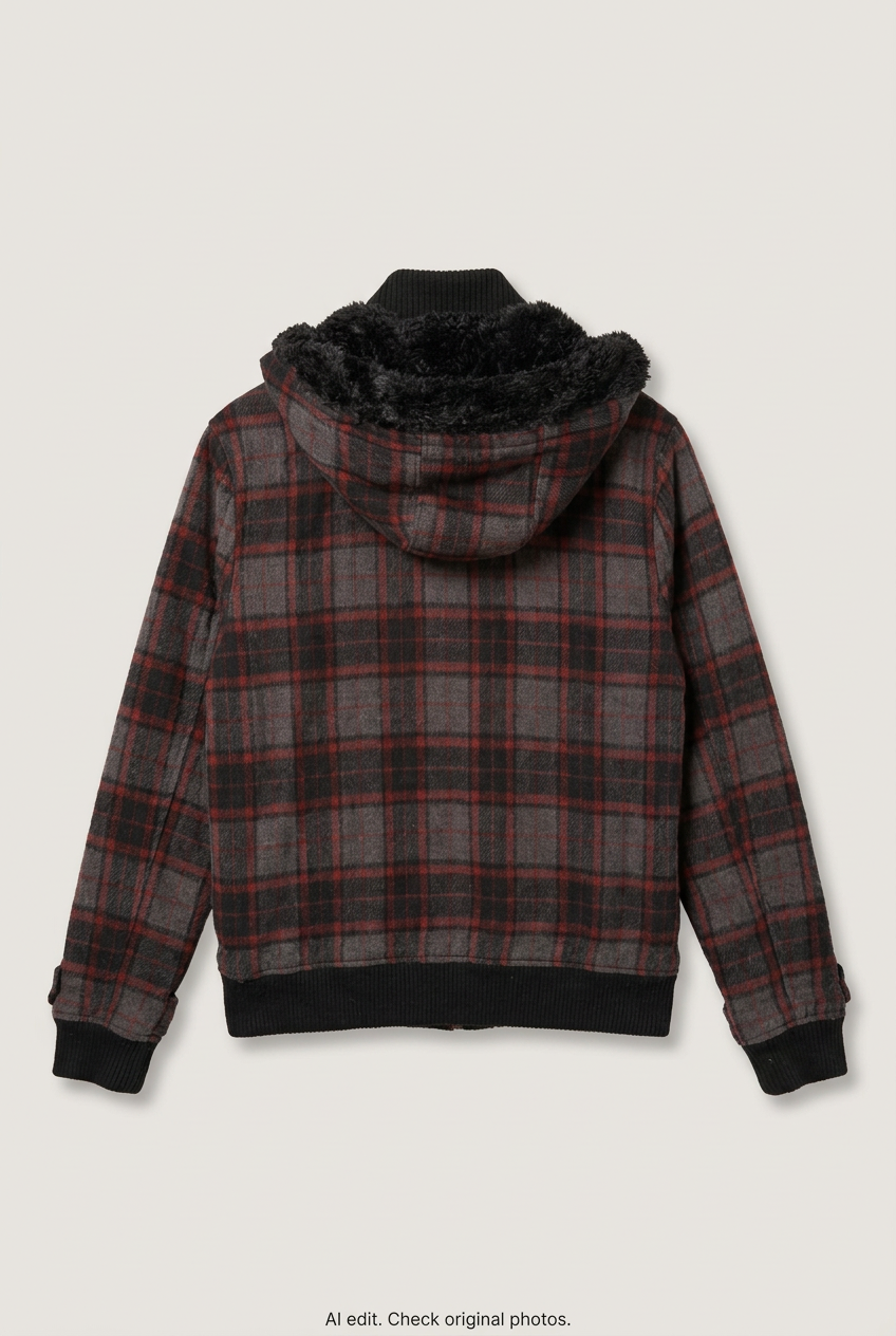 Back product view of grey and red plaid duffle coat, flat lay