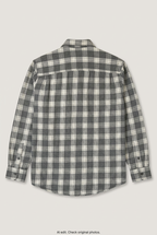 Back product view of grey and white checked flannel shirt, flat lay