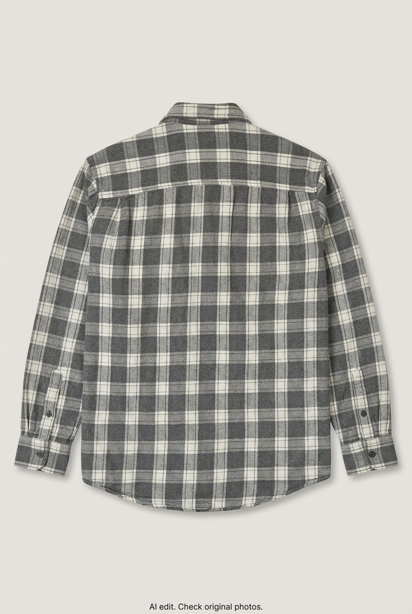 Back product view of grey and white checked flannel shirt, flat lay