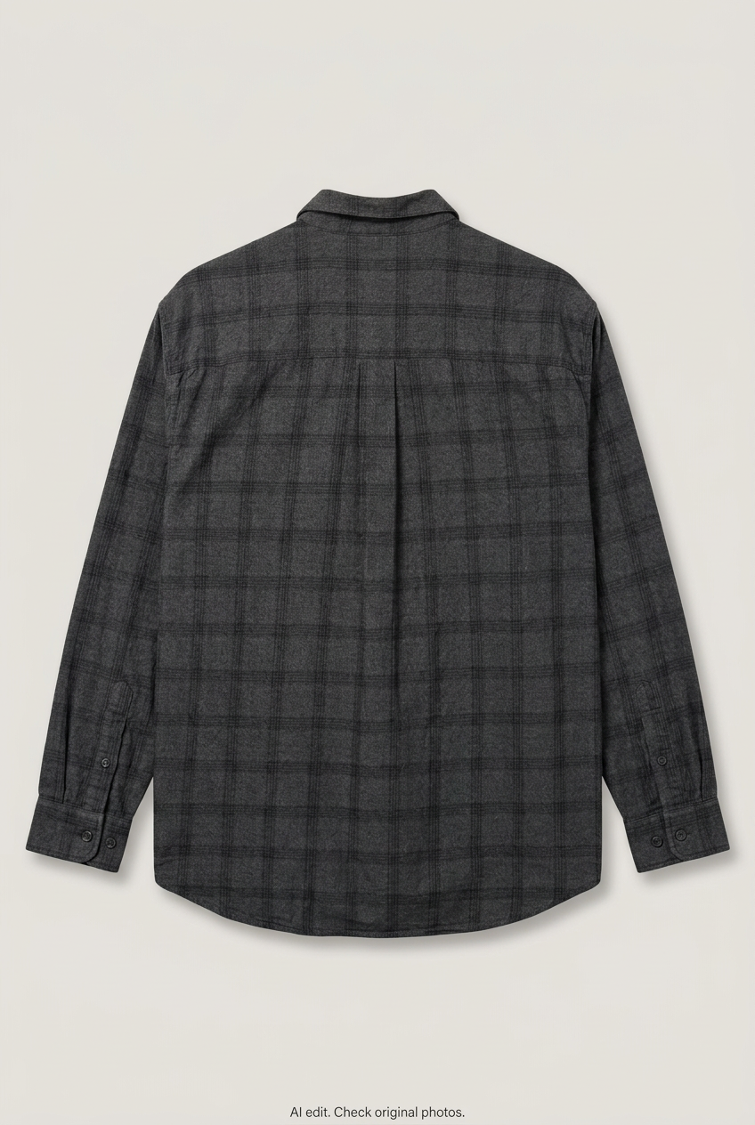 Back product view of grey checked shirt, flat lay