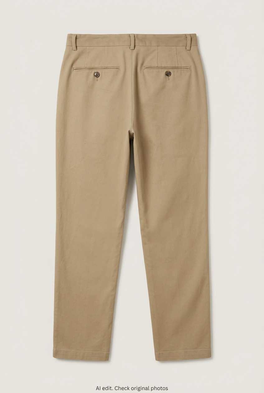 Back product view of khaki chinos, flat lay