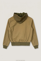 Back product view of khaki hooded bomber jacket, flat lay