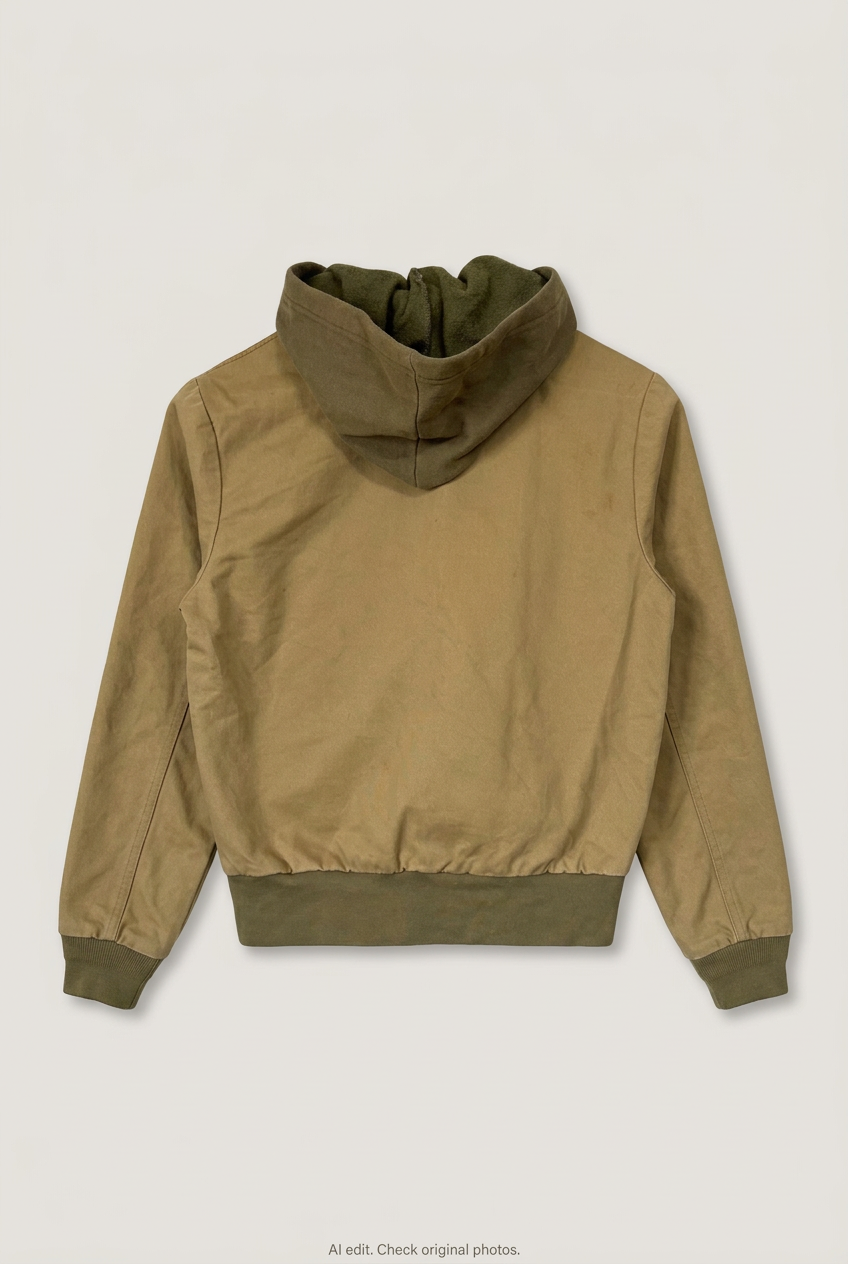 Back product view of khaki hooded bomber jacket, flat lay