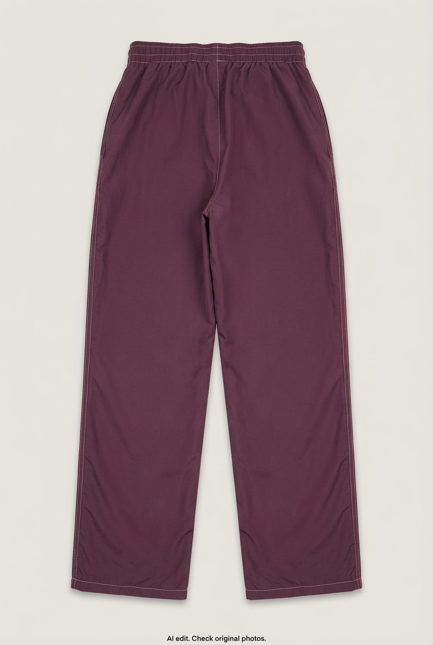 Back product view of maroon track pants, flat lay