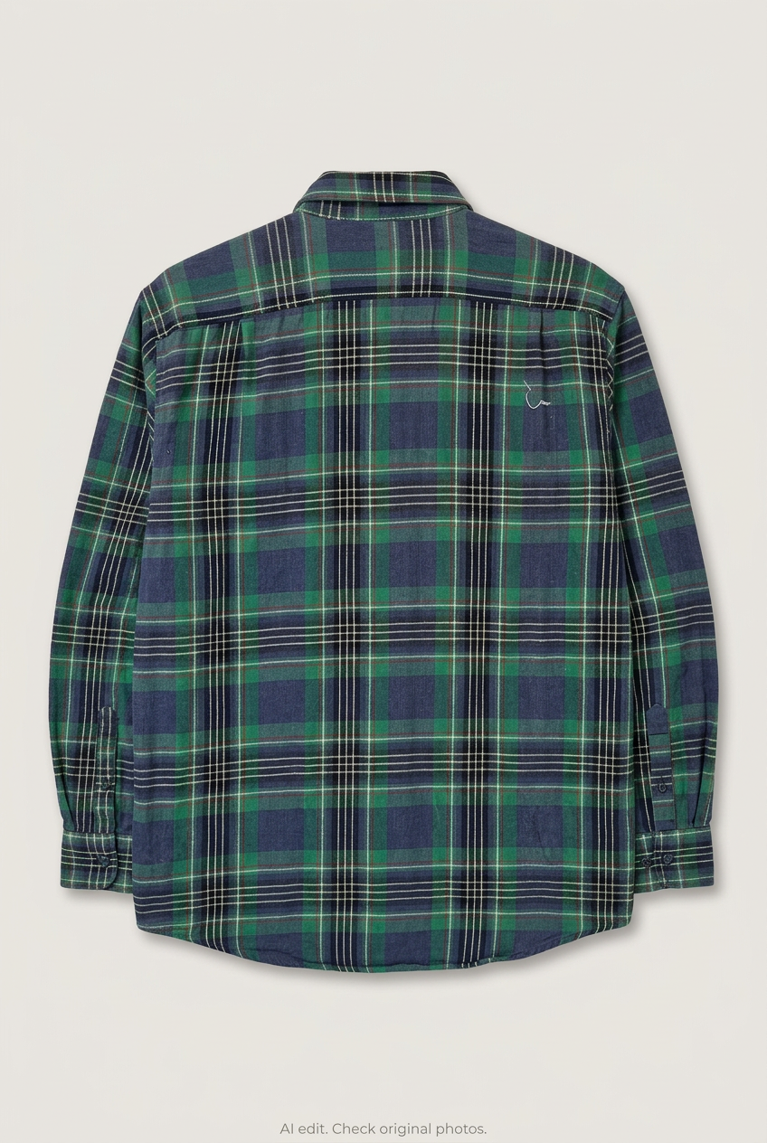Back product view of navy and green Izod plaid flannel, flat lay