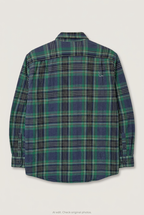 Back product view of navy and green Izod plaid flannel, flat lay