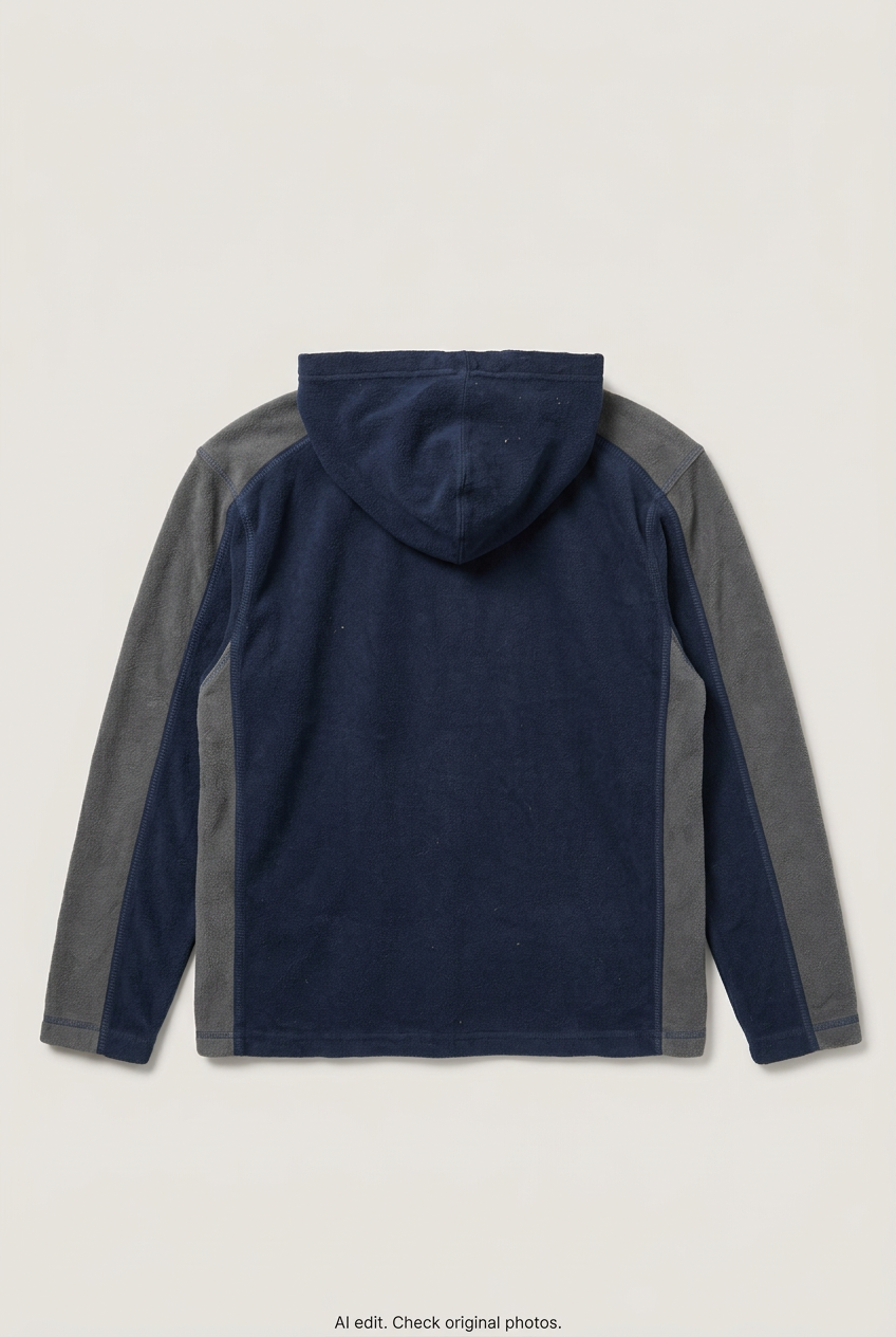 Back product view of navy and grey Russell Athletic hoodie, flat lay
