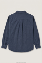 Back product view of navy button-up shirt, flat lay
