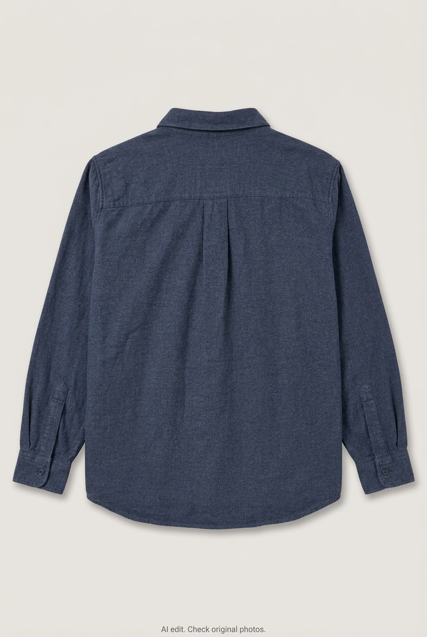 Back product view of navy button-up shirt, flat lay